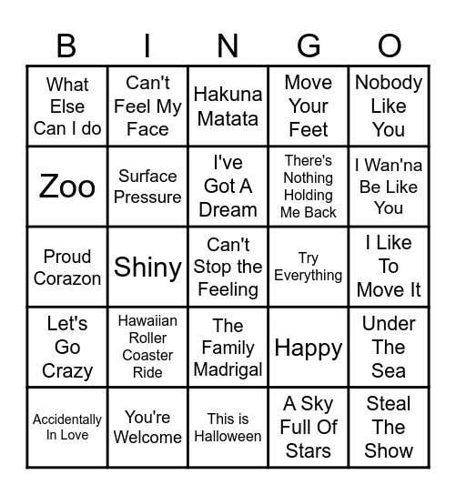 Disney/ Animated Playlist Bingo Card