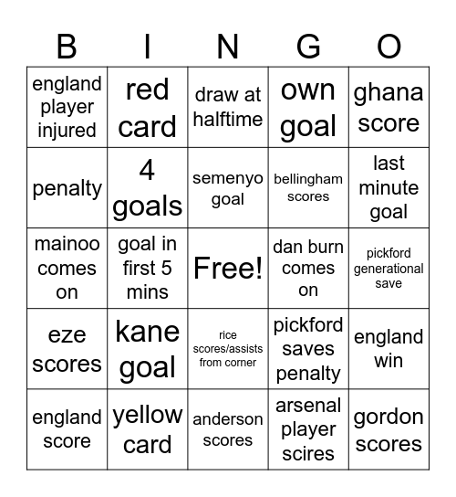 England - Ghana Bingo Card