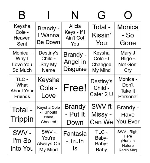 R&B Bingo: 90s-00s Female Artist & Groups Bingo Card