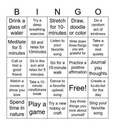 Self-Care Bingo Card