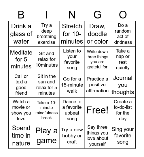 Self-Care Bingo Card