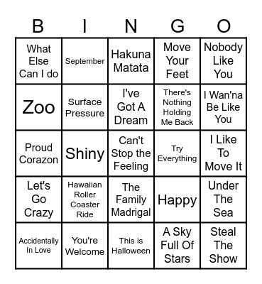 Disney/ Animated Playlist Bingo Card