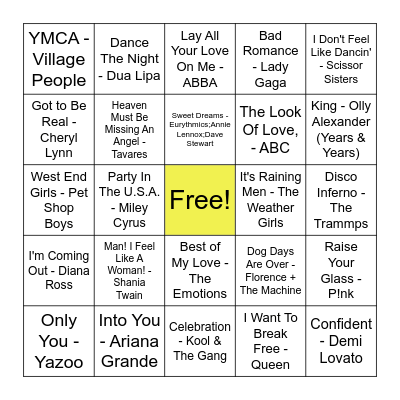 Tewksbury Pride Music Bingo Card