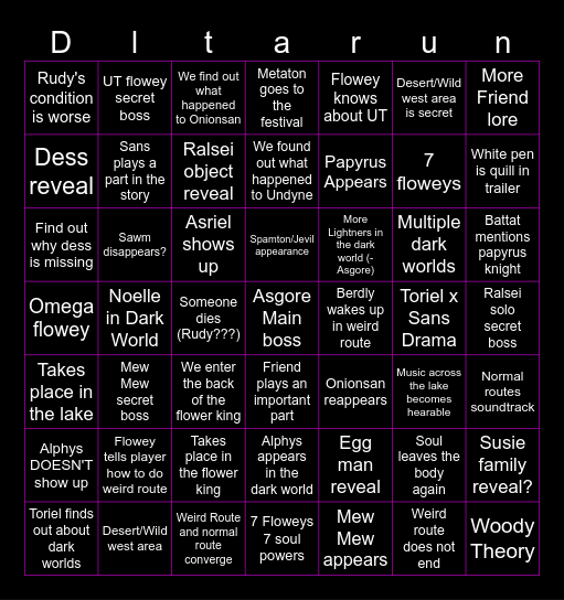 Deltarune Chapter 5 Bingo Card