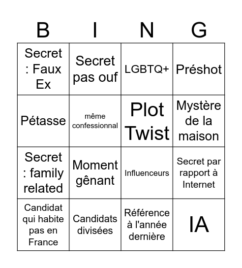 SECRET STORY PRIME 1 Bingo Card