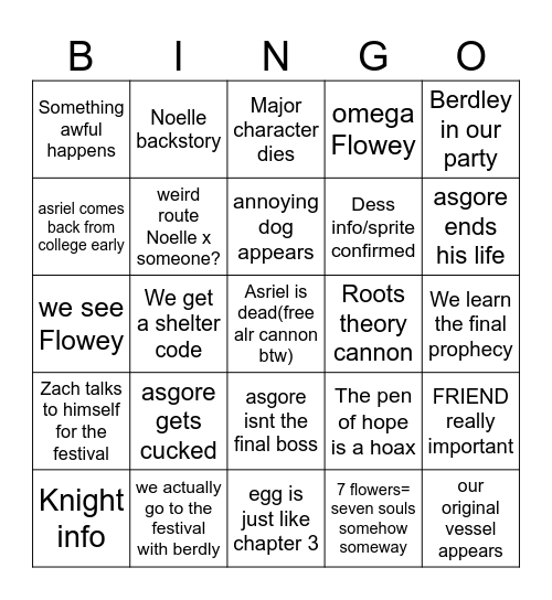Deltarune chapter 5 bingo Card