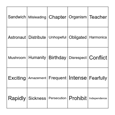 Multisyllabic Words Bingo Card