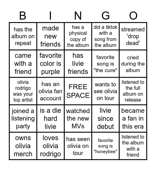 Olivia Bingo Card