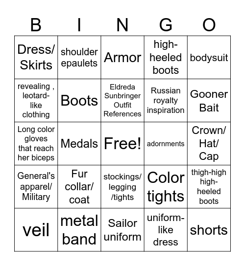 Tsaritsa Outfit Bingo Card