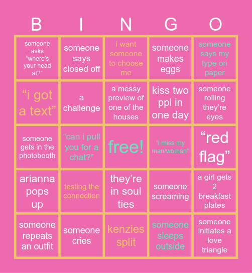 Love Island Bingo Card