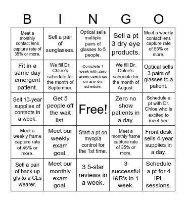 Performance Goals Bingo Card