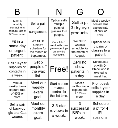 Performance Goals Bingo Card