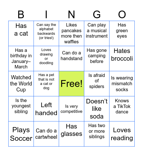 Camp Icebreaker Bingo Card