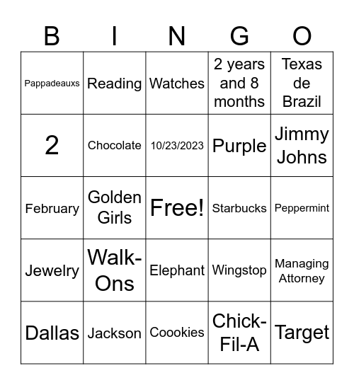 Zwicker Bingo Jackson Edition Bingo Card
