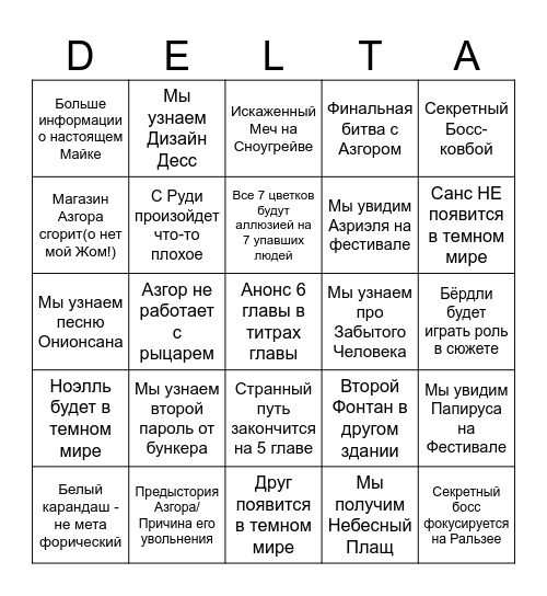 Deltarune Chapter 5 Bingo Card