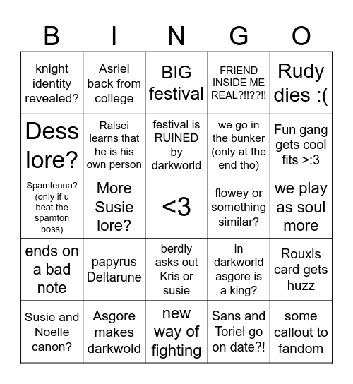 Deltarune chapter 5 bingo Card