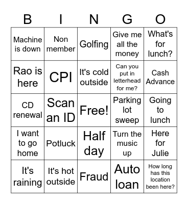 Tuesday Bingo Card