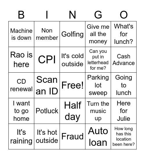 Tuesday Bingo Card