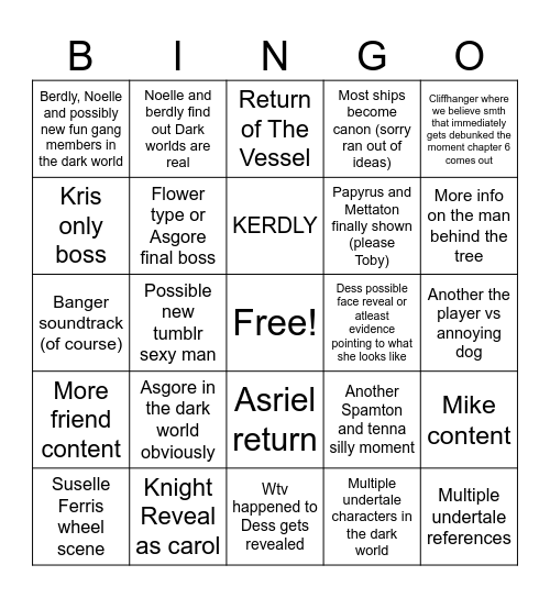 Deltarune Chapter 5 bingo Card