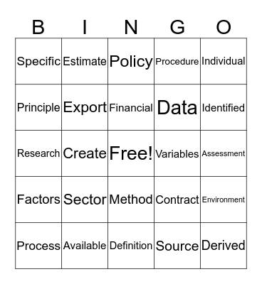 Vocabulary Bingo Card