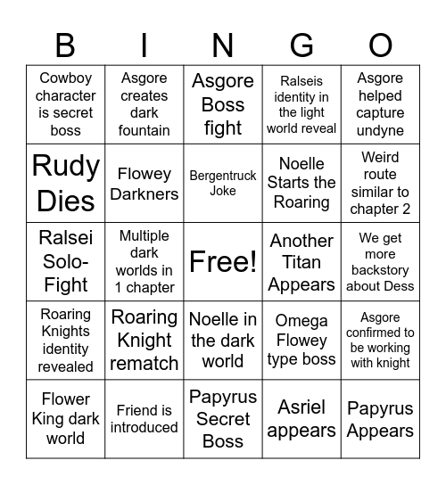 Deltarune Chapter 5 Bingo Card