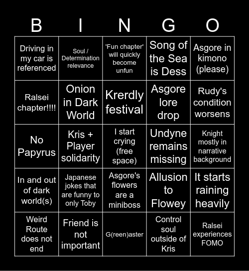 Deltarune Chapter 5 Bingo Card
