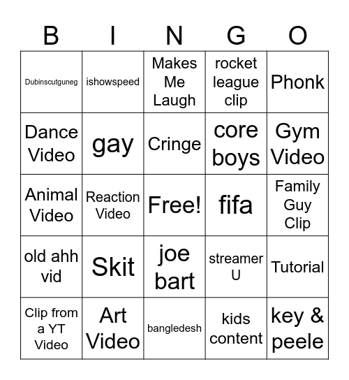 YT Shorts Bingo Card