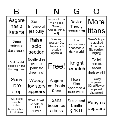 Deltarune Chapter 5 Predictions Bingo Card