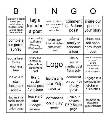 Help us Grow LnL Bingo Card