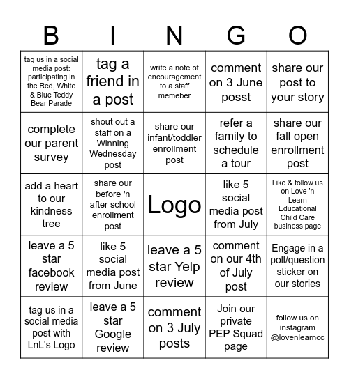 Help us Grow LnL Bingo Card