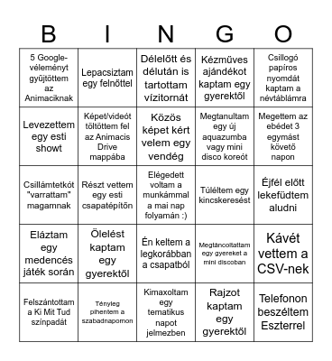 Animaci Bingo a Pelso Campingben Bingo Card