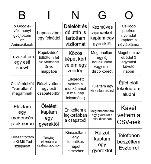 Animaci Bingo a Pelso Campingben Bingo Card