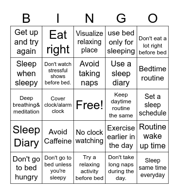 Sleep Hygiene Bingo Card