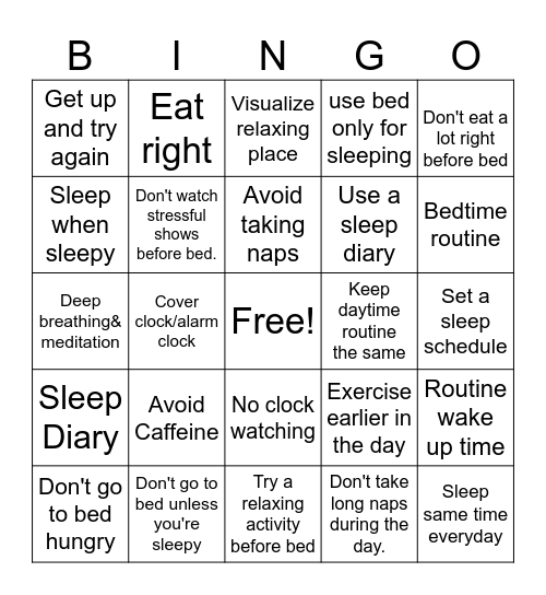 Sleep Hygiene Bingo Card
