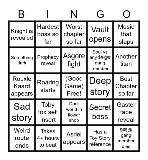 Deltarune chapter 5 Bingo Card