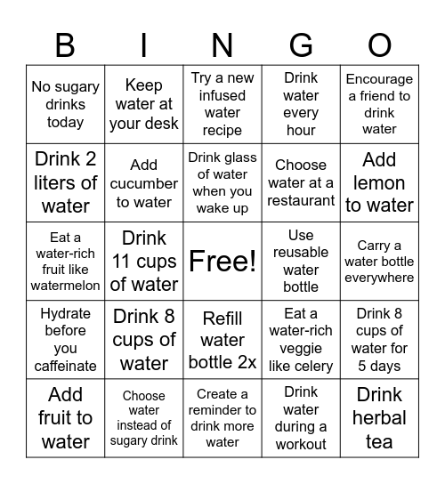 Hydration Bingo Card