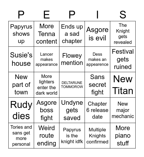 Deltarune Chapter 5 Bingo Card