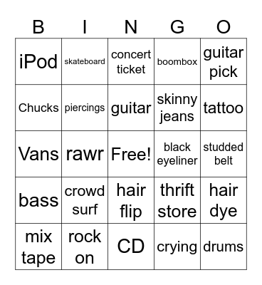 Emo Night Bingo Card