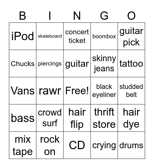 Emo Night Bingo Card