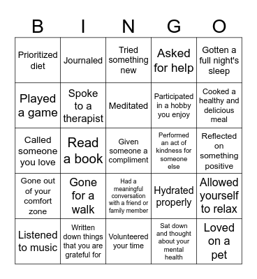 Mental Health Bingo Card