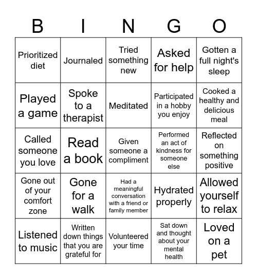 Mental Health Bingo Card