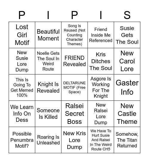 Duck's Deltarune Predictions Bingo Card