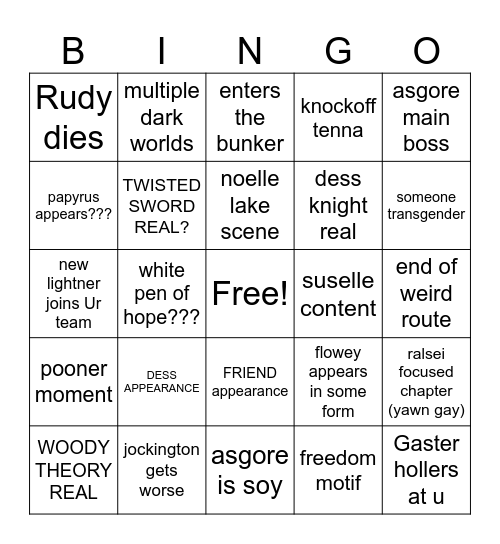 Deltarune chapter 5 Bingo Card