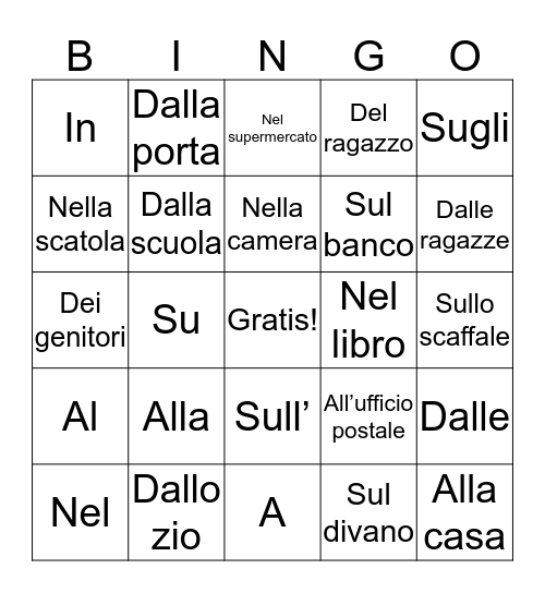 Prepositions - Le Preposizioni Bingo Card