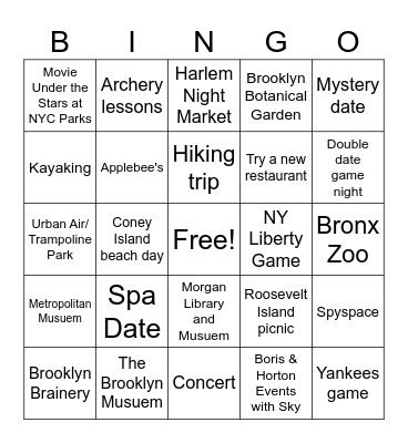 NYC date adventures Bingo Card