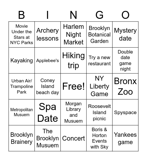 NYC date adventures Bingo Card