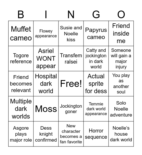Deltarune prediction bingo Card