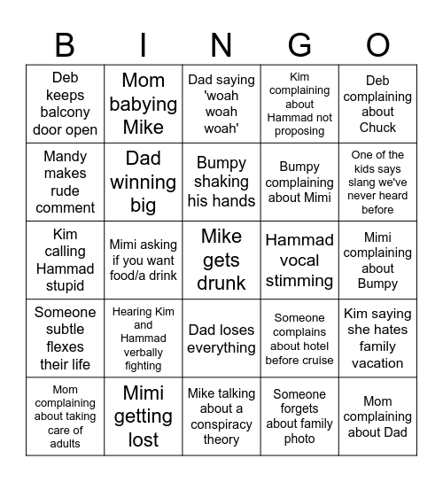 Family Cruise Bingo 2026 Bingo Card