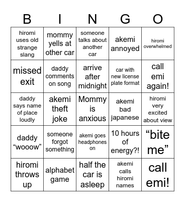CAR RIDE BINGO Card