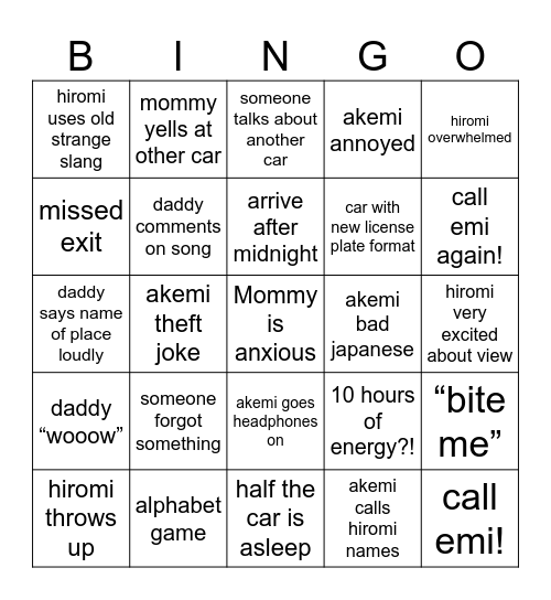 CAR RIDE BINGO Card